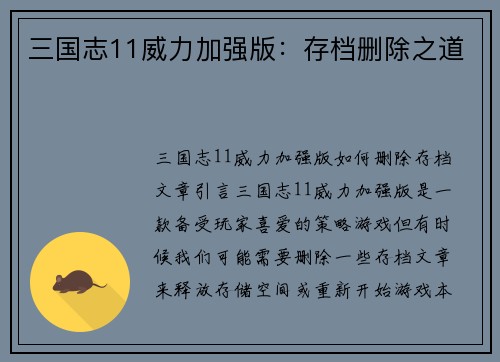 三国志11威力加强版：存档删除之道