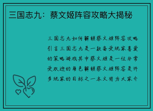 三国志九：蔡文姬阵容攻略大揭秘