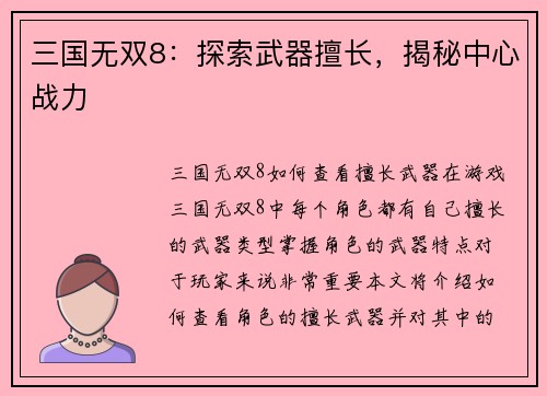 三国无双8：探索武器擅长，揭秘中心战力